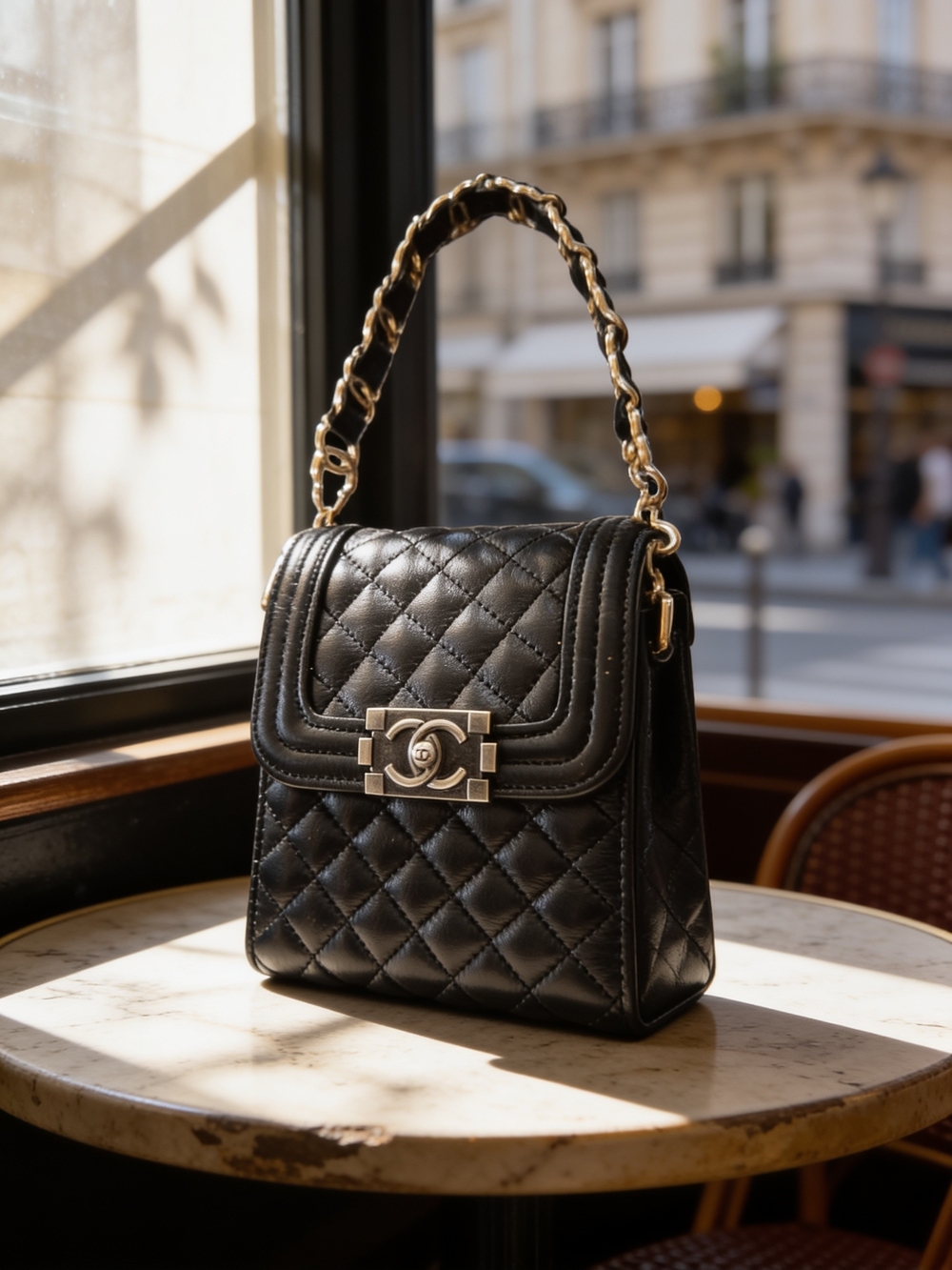 CHANEL Black Quilted Leather Shoulder Bag with Gold Chain Top Handle